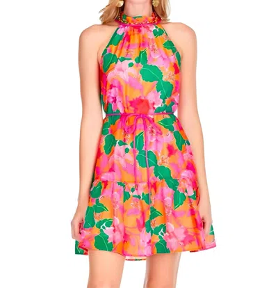 Jade Floral Print Halter Dress In Lush Jewels In Multi