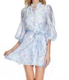 Jade Blue Floral Stand Collar A-line Dress In Blue