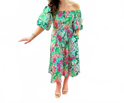 Jade Garden Quilt Off-shoulder Flared Midi Dress In Green