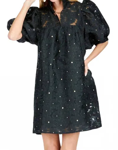 Jade High Neck Puff Sleeve Dress In Black Floral Organza