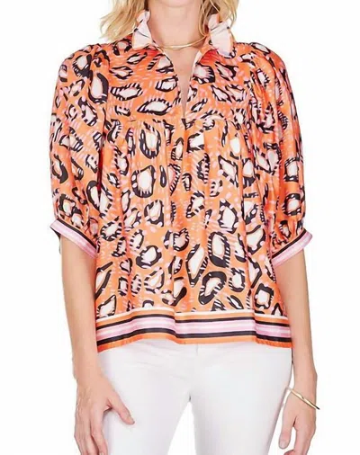 Jade High Neck Puff Sleeve Top In Abstract Boarder In Multi