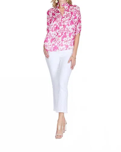 Jade High Neck Puff Sleeve Top In Magenta Hibiscus In Pink