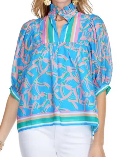 Jade High Neck Puff Sleeve Top In Pastel Palate In Blue