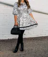 Jade High Neck Trim Tiered Dress In Black Leaves In Multi