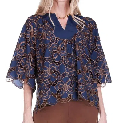 Jade Horseshoe Neck Embroidered Lace Top In Navy Blue