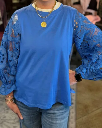 Jade Lace Sleeve Pullover In Blue