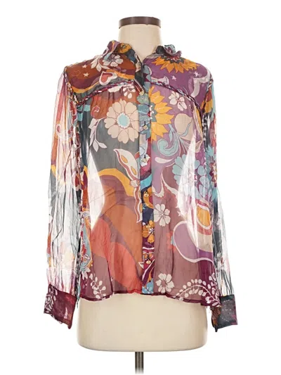 Pre-owned Jade Long Sleeve Silk Top Burgundy Print Pattern Tie Neck Tops
