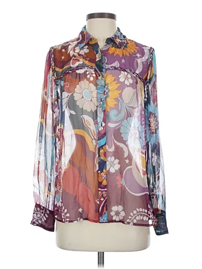 Pre-owned Jade Long Sleeve Silk Top Purple Print Pattern Tie Neck Tops