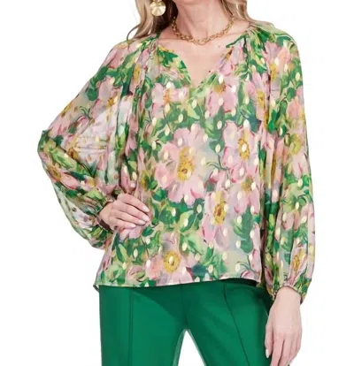 Jade Metallic Accent Peasant Top In Golden Magnolia In Green