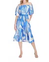 Jade Off Shoulder Flared Midi Dress In Blue Deco In Multi