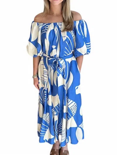Jade Off-shoulder Midi Dress In Blue Deco In Multi
