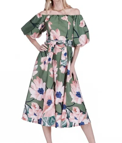 Jade Off The Shoulder Flared Midi Dress In Olive Bloom In Multi