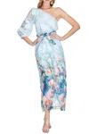 Jade One Shoulder Floral Dress In Paint Garden In Blue