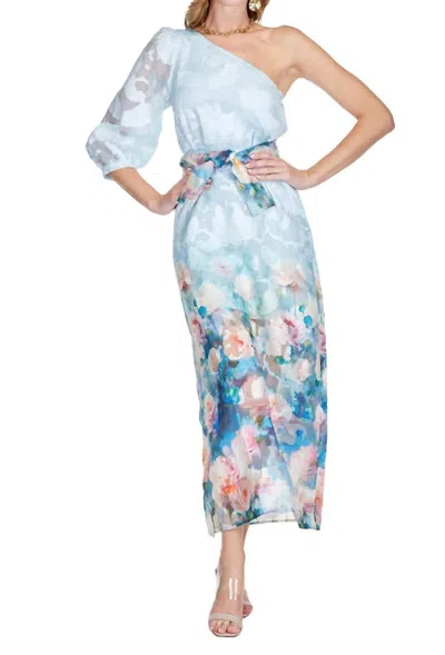 Jade One Shoulder Painted Garden Dress In Light Blue