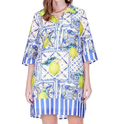 Jade Placket Bell Sleeve Dress In Lemon Tiles In Multi