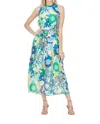 Jade Pleated Neck Maxi Dress In Dahilias In Multi
