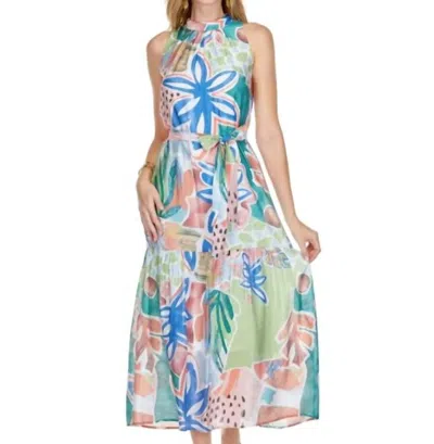 Jade Pleated Neck Maxi Dress In Summer Jungle In Gray