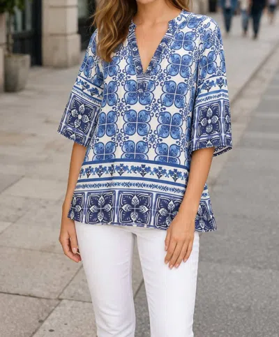 Jade Print Relaxed Top In Blue Damask