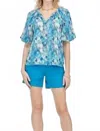 Jade Puff Sleeve Peasant Top In Multicolor In Blue