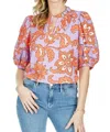 Jade Puff Sleeve Trim Placket Top In Flowery In Multi