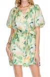 Jade Puffed Sleeve Dress In Brushed Floral In Green