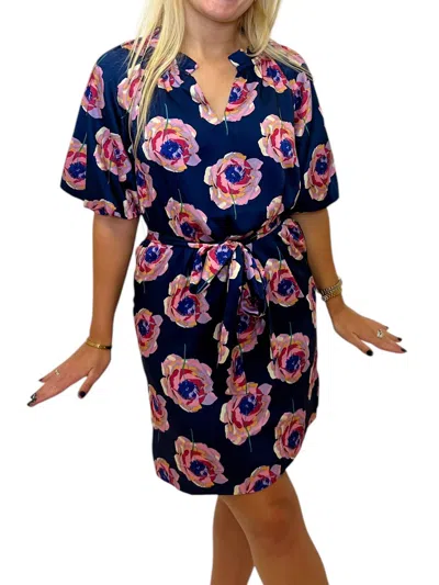 Jade Rosalia Puff Sleeve Dress In Navy/pink In Blue