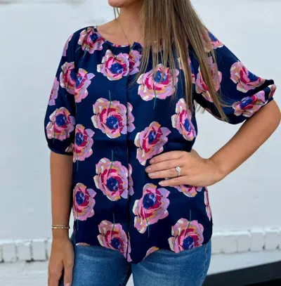 Jade Annabella Button Peasant Blouse In Navy Rose In Blue