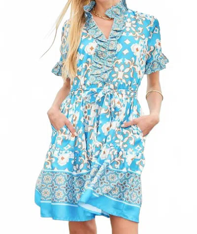 Jade Ruffle Around Dress In Kaleidoscope Border In Blue