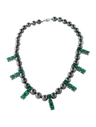 Pre-owned Jade Ruzzo 18k Pearl & Emerald Nina Bead Strand Necklace, 17", 17" In Multi