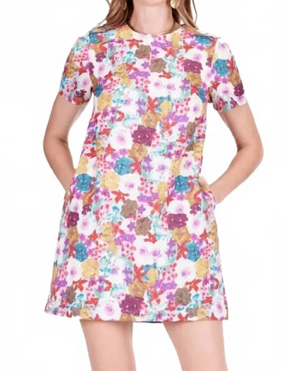 Jade Short Sleeve Painted Flora Mini Dress In Multi In Green