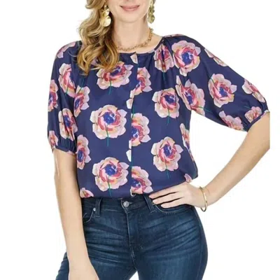 Jade Short Sleeve Peasant Blouse In Navy Rose In Multi