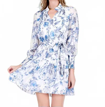 Jade Slit Neck Flounced Hem Dress In Blue Calla Lilies