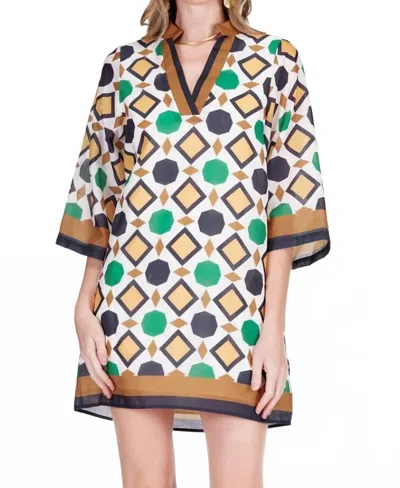 Jade Split Neck Bell Sleeve Caftan Dress In Geo Border In Multi