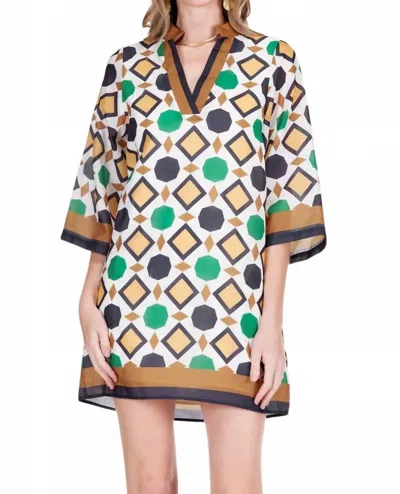 Jade Split Neck Bell Sleeve Caftan Dress In Geo Border In Multi