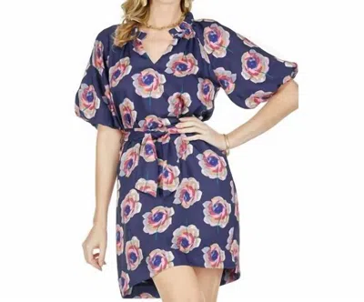 Jade Split Neck Puff Sleeve Dress In Navy Rose