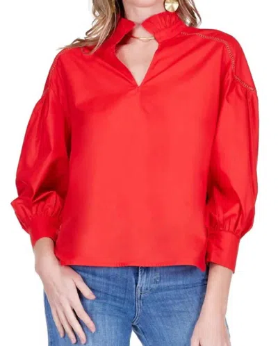 Jade Split Stand Collar Trim Top In Red