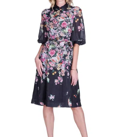 Jade Stand Collar A-line Dress In Bloom Noir In Blue
