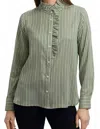 Jade Stripe Ruffle Button Down Blouse In Olive Stripe In Multi