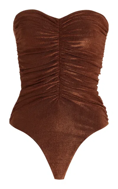 Jade Swim Yara Ruched Metallic Swimsuit In Brown