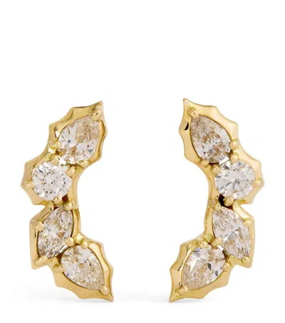 Jade Trau Yellow Gold And Diamond Posey Curve Stud Earrings