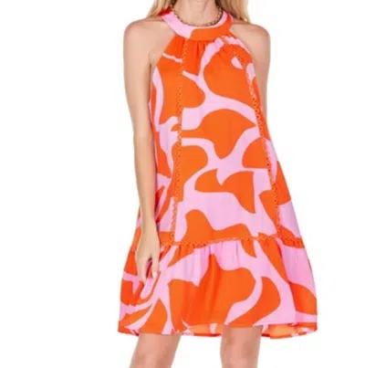 Jade Trim Tie Neck Halter Dress In Pink Arial In Multi