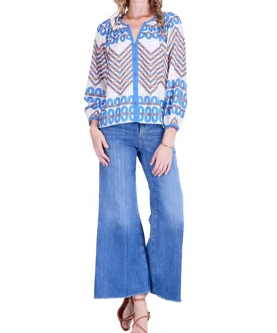 Jade Trimmed Peasant Top In Retro Link In Blue