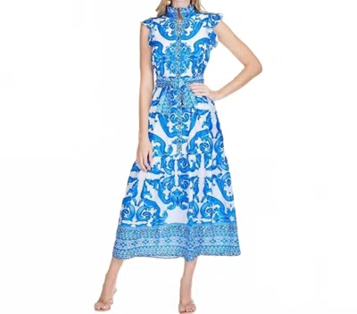 Jade Wave Button Front Maxi Dress In Cobalt Blue And White In Orange