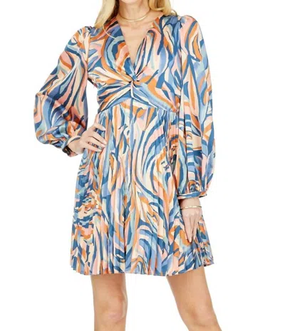 Jade Wavy Boho Twist Pleat Dress In Blue