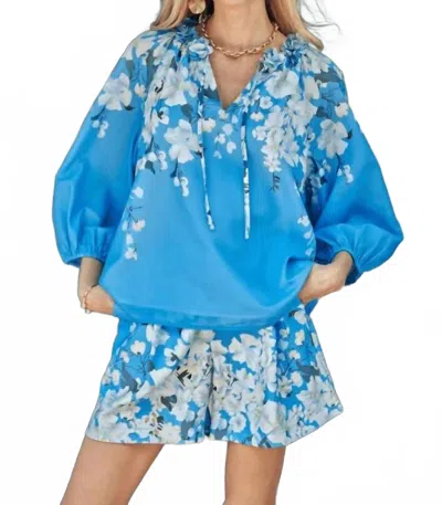 Jade Women's Ruffle Vneck Dimensional Top In Sky Garden In Blue