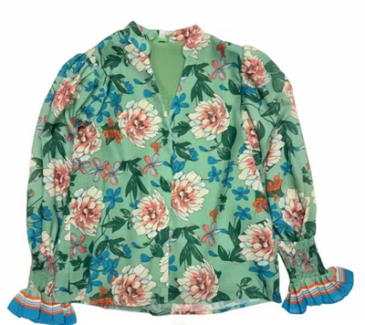 Jade Women's Split V-neck Blouse In Dahlia Border In Green