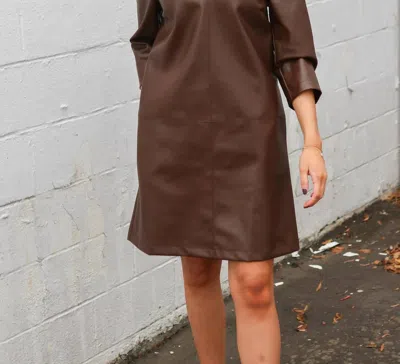 Jade Wren Stand Collar Faux Leather Dress In Chocolate In Gold