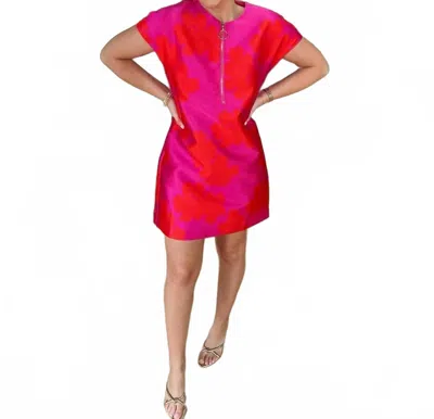 Jade Zipper Shift Dress In Hibiscus Brocade In Pink