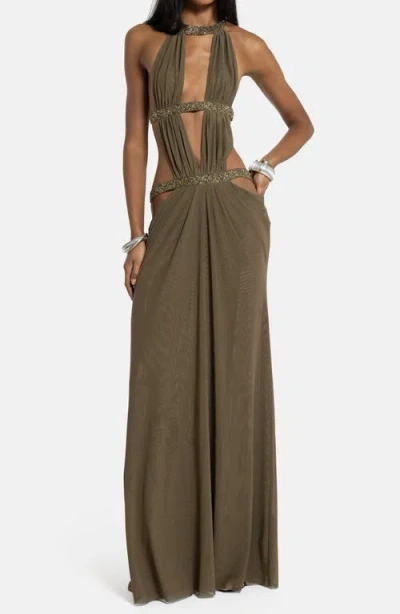 Jaded London Bead Detail Plunge Neck Open Back Maxi Dress In Green