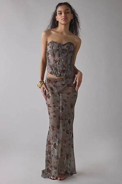 Jaded London Cibele Semi-sheer Floral Organza Maxi Skirt In Grey, Women's At Urban Outfitters